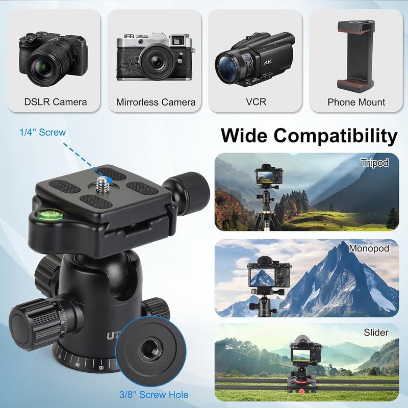 UTEBIT 40MM Metal Tripod Ball Head with Camera Quick Release Plate Swivel 360° Camera Ball Mount 22lbs/10kg Load for 1/4" Tripod Monopod DSLR - Image 3
